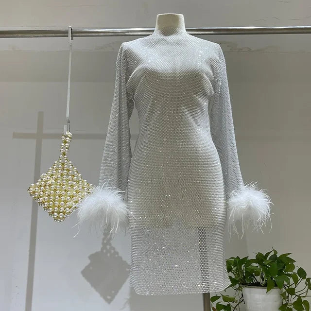 Weave Shiny Rhinestone Mini Dress See Through Cover-up Dresses Loose Club Dress