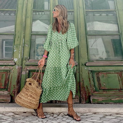 Autumn Dresses for Print Ruffles Loose Long Dress Office Beach Style V Neck Vestidos