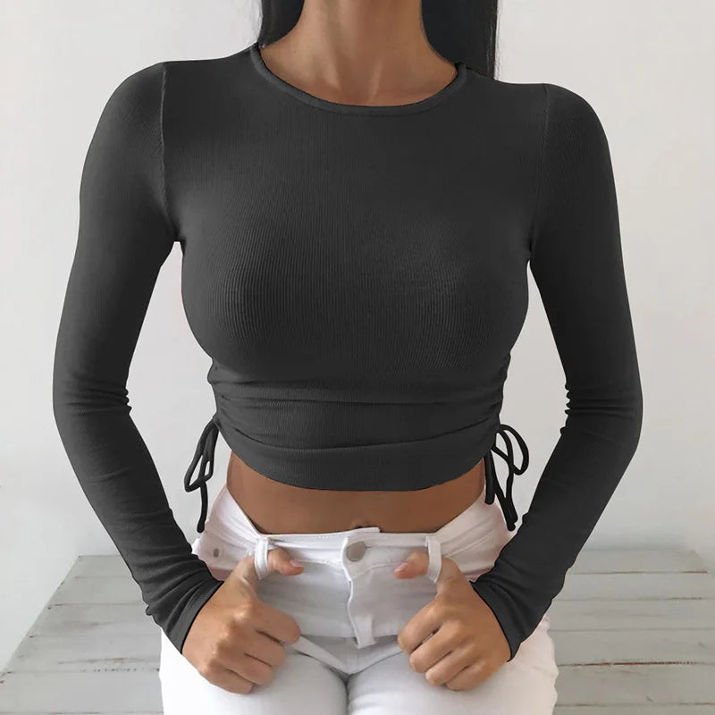 O-neck Long Sleeve Bodycon Cropped Tops Autumn Irregular Drawstring Bandage Knitted T-shirt