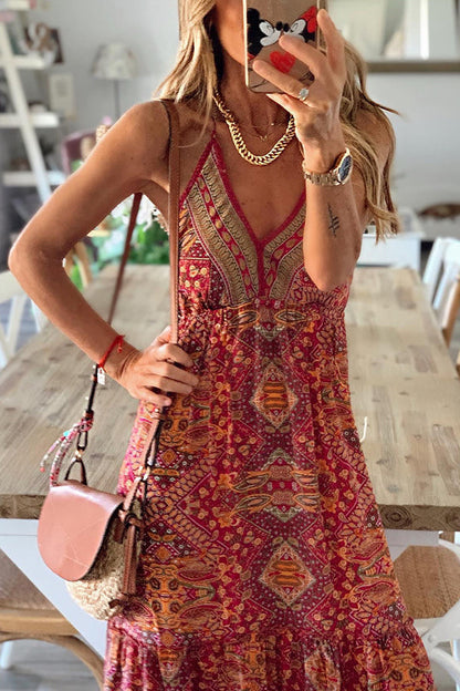 Celeste Printed Strap Elastic Waist Maxi Dresses