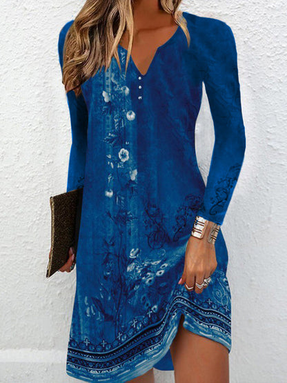 Long Sleeves Loose Printed V-neck Mini Dresses