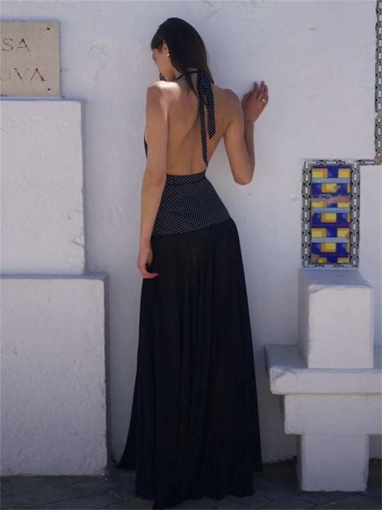 V-neck Summer Maxi Dress for Contrast Patchwork See-through Dress Slim Backless Lace-up Long Dress