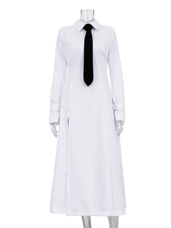 A-line Flared Sleeves Buttoned Color Split-joint Split-side Lapel Maxi Dresses Shirt Dress