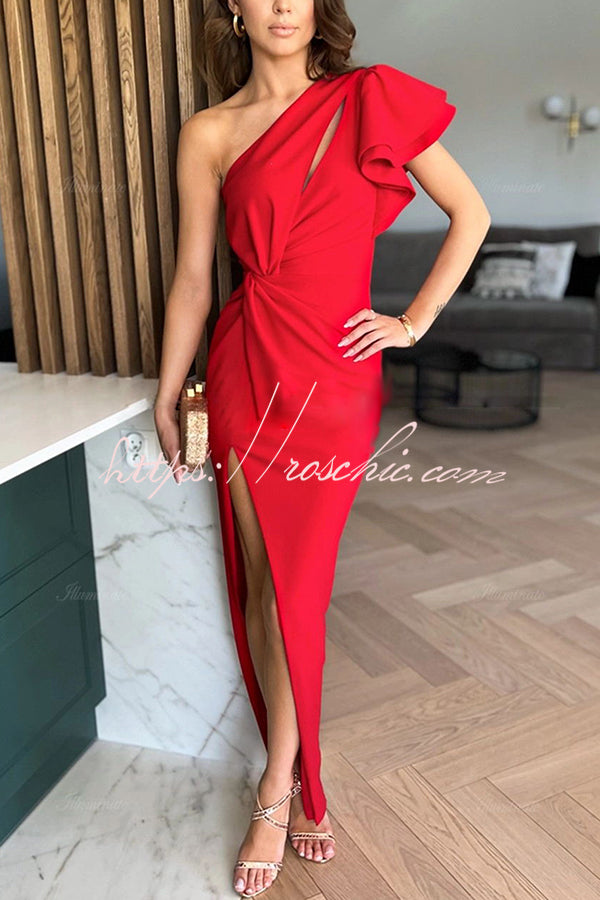 Saona One Shoulder Tiered Ruffle Sleeve Twist Asymmetrical Slit Gown Maxi Dress