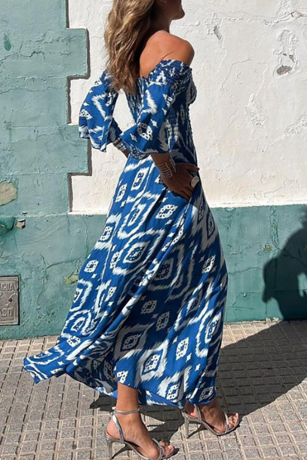 Close to the Vacation Print Smocked Off Shoulder Pocketed Maxi Dress