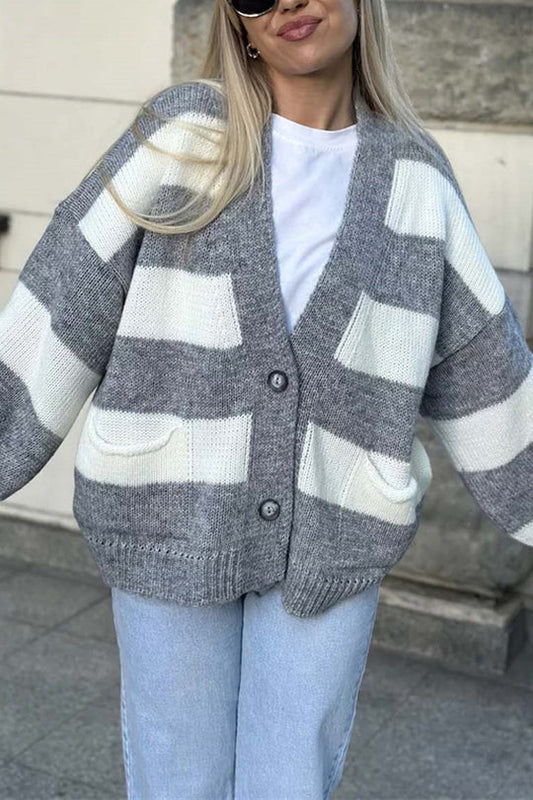 V-neck Long-sleeved Striped Pocket Knitted Cardigan
