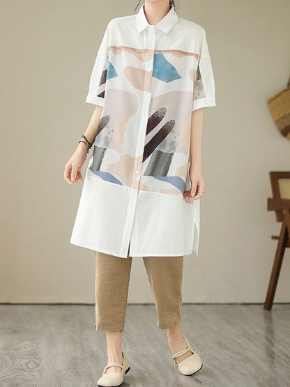 Loose Short Sleeves Printed Split-joint Split-side Lapel Midi Dresses