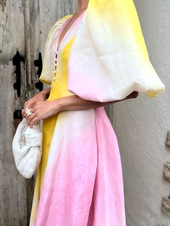 Ombre Puff Sleeve Maxi Dress