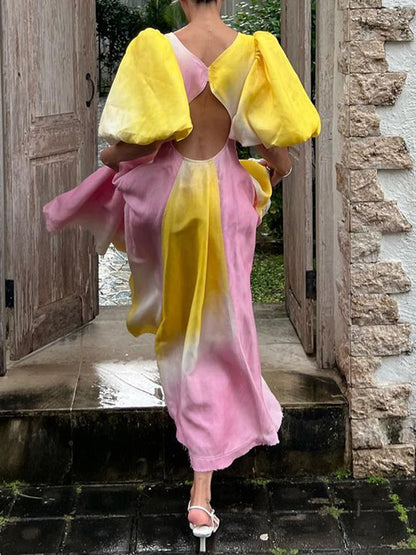 Ombre Puff Sleeve Maxi Dress