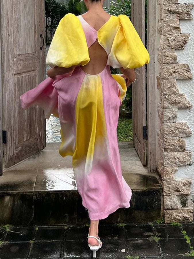 Ombre Puff Sleeve Maxi Dress