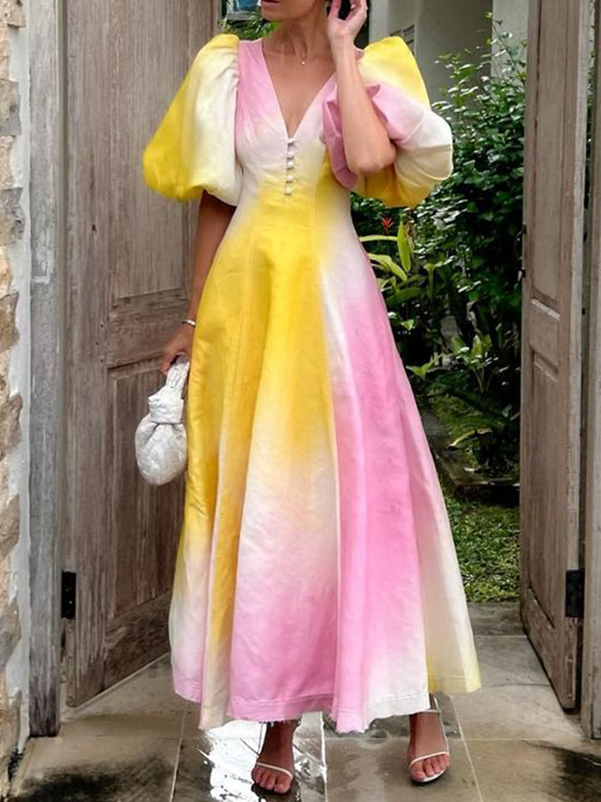 Ombre Puff Sleeve Maxi Dress