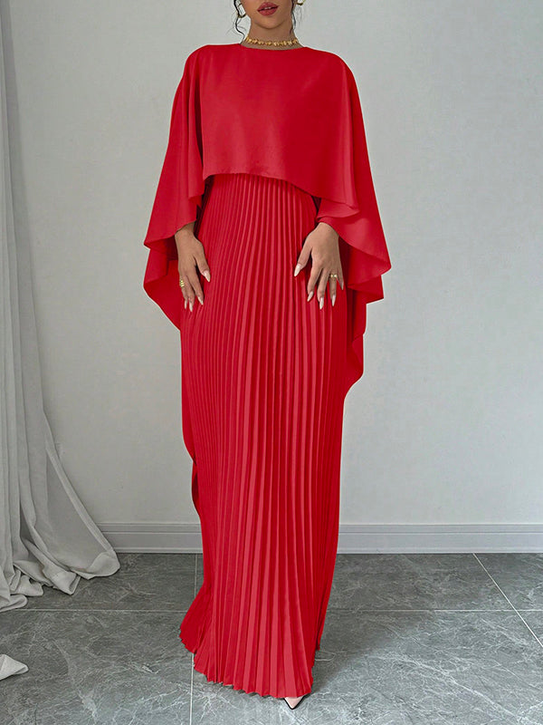 Cape High-low Pleated Color Split-joint Round-neck Evening Dresses Maxi Dresses