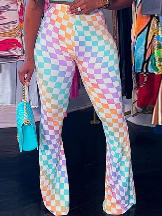 High Waist Gradient Plaid Print Flared Pants Ac203