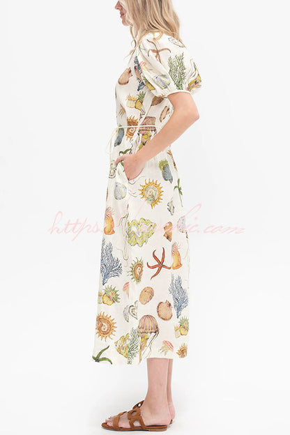 Beach Shell Print Puff Sleeve Tie-waist Midi Dress
