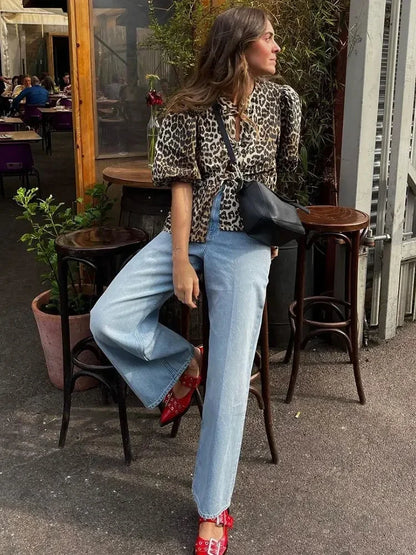 Leopard Shirts for Spring Loose Puff Sleeve Blouse Female Lace Up Cropped Top Ruffled
