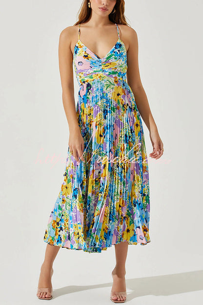 Wedding Party Season Print Pleated Back Tie-up Midi Dress