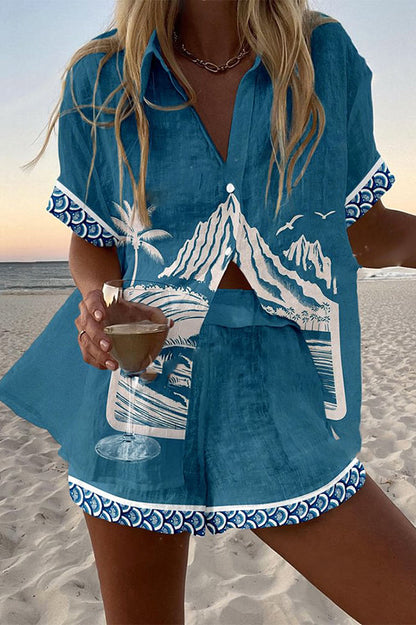 Holiday Print Loose Button Elastic Waist Shorts Set