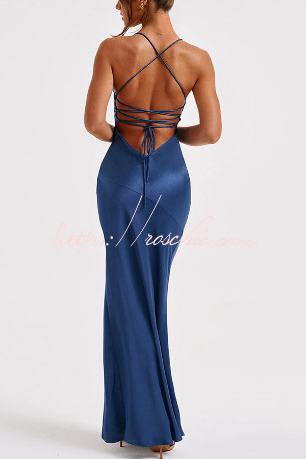 Satin Color Backless Lace Up High Slit Maxi Dress
