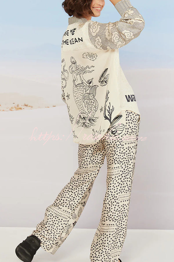 Take Me to the Ocean Satin Unique Print Long Sleeve Shirt and Elastic Waist Pocketed Pants Set