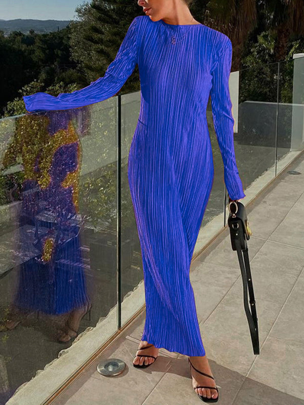 Long Sleeves Skinny Pleated Color Split-joint Round-neck Maxi Dresses