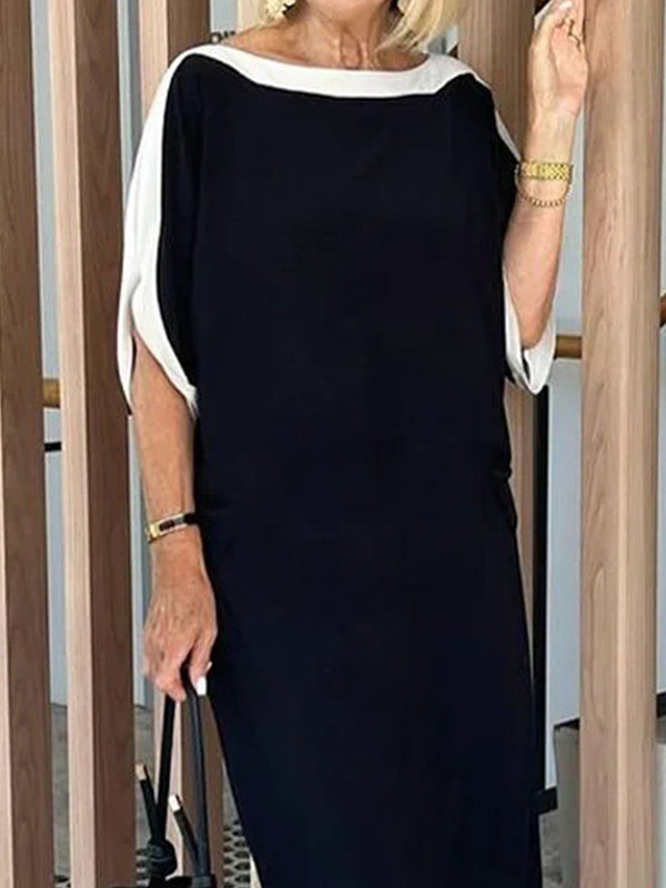 Batwing Sleeves Loose Split-joint Boat Neck Maxi Dresses