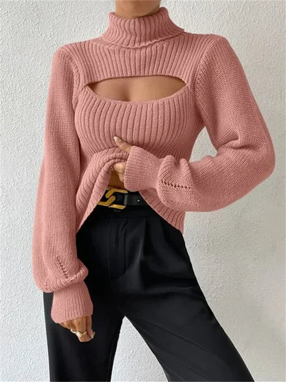 Hollow Out Knit Sweater Pullover for Turtleneck Ribbed High Street Long Sleeve Knitwear Loose Sweater Female