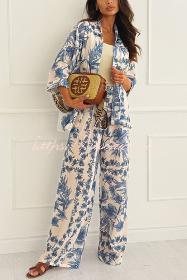 Linen Blend Botanical Print Loose-fitting Top and Elastic Waist Wide-leg Pants Set