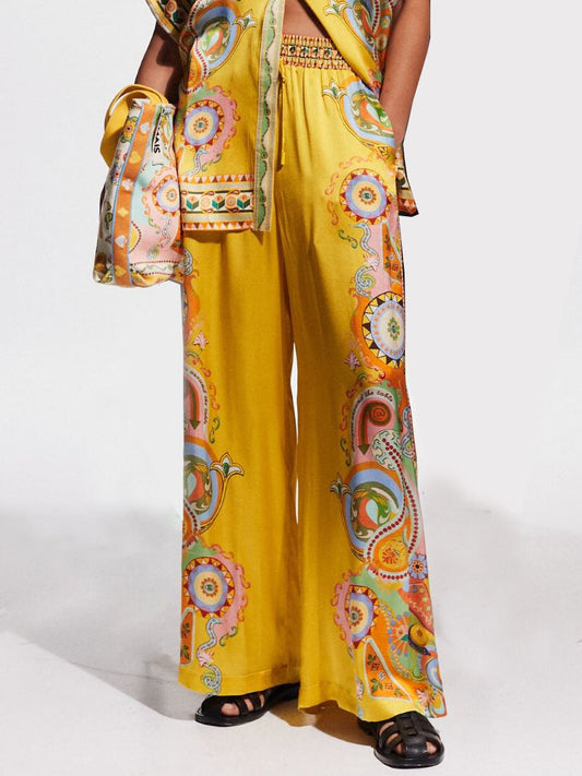 Exquisite Satin Unique Cashew Flower Print Loose Wide-leg Pants