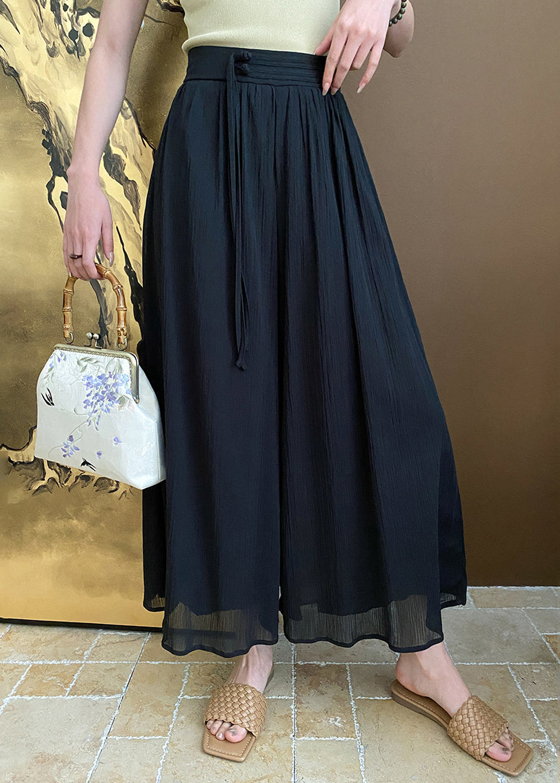 Black Zippered Pockets Cotton Summer Wide Leg Pants Af1096