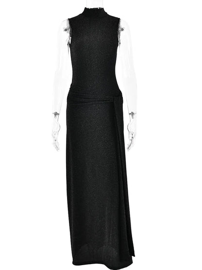 Shiny ’s Long Dress Slim Fit Party Evening Woman Dress Female Pleated Ribbon Sleeveless Vesidos Autumn