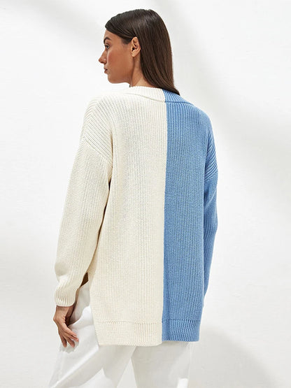 V-neck Waffle Knit Sweater Tops for Autumn New Patchwork Pullover Oversized Knitwear