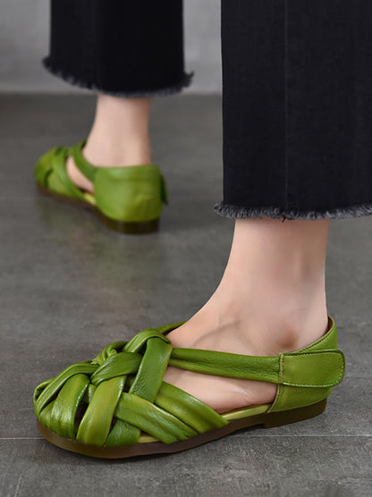 Summer Leather Flat Retro Weave Genuine Shoes