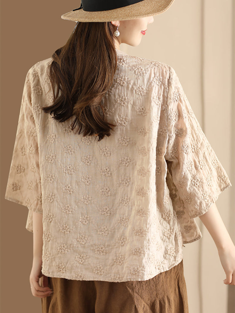 Flower Jacquard Button-up Ramie Blouse Sc1023