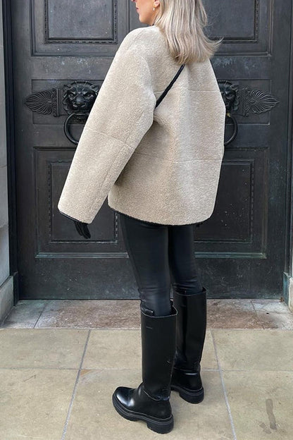 Button Down Pocketed Faux Fur Fleece Coat