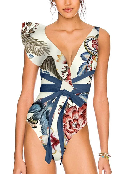 V Neck Ruffle Print Swimsuit and Skirt