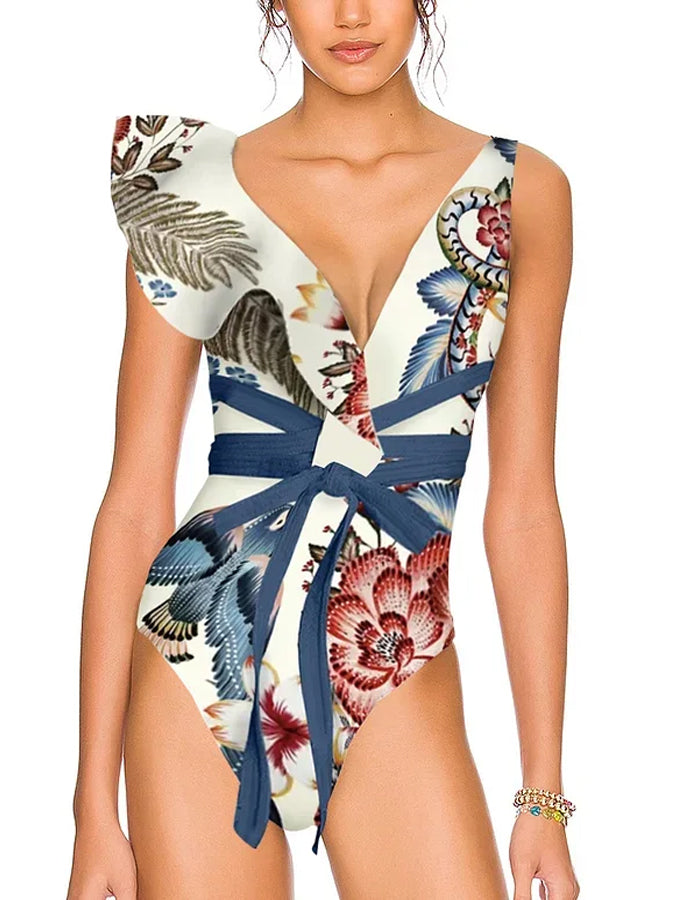 V Neck Ruffle Print Swimsuit and Skirt