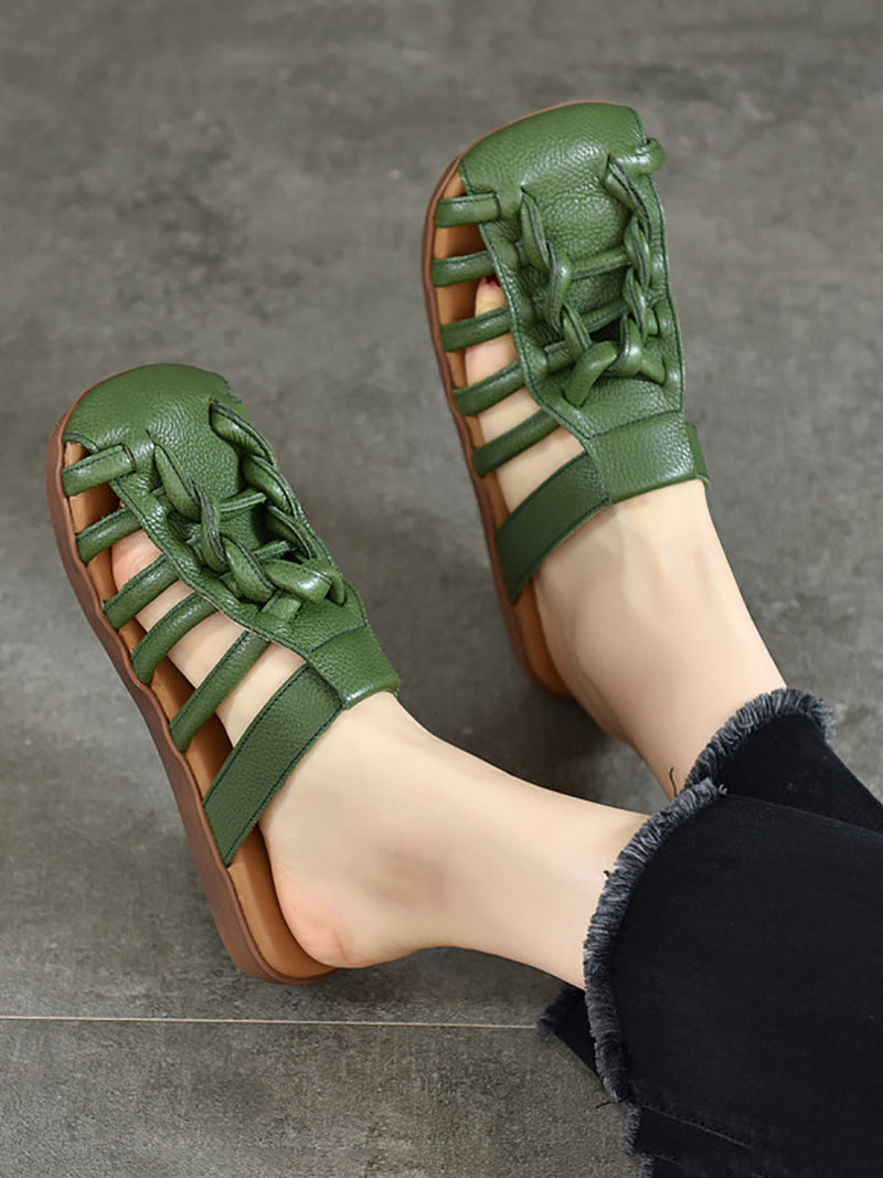 Summer Leather Spliced Flat Slippers Ui1025