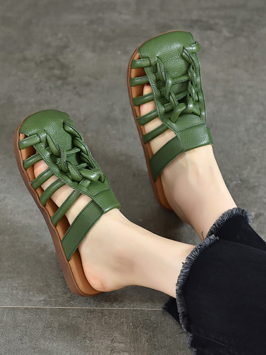 Summer Leather Spliced Flat Slippers Bn1002