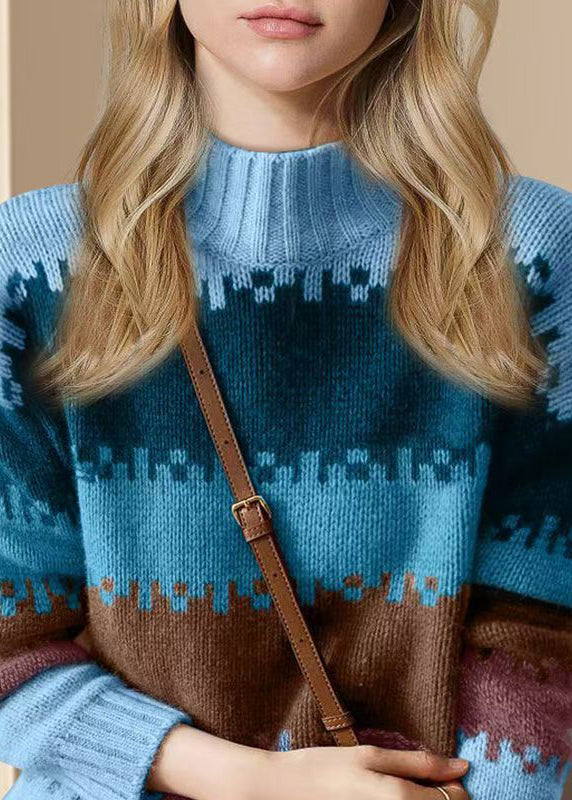 Loose Blue O Neck Thick Patchwork Knit Sweater Winter Wv033