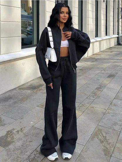 Lace Up Pant Sets Loose V Neck Cardigan Woman Autumn Winter Sports Pants 2 Piece Sets Outfits