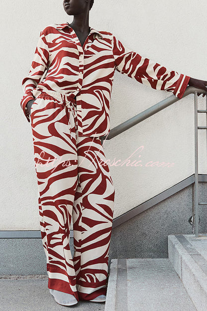 Unique Print Lapel Long Sleeve Loose Shirt and Elastic Waist Pocket Wide Leg Pants Set