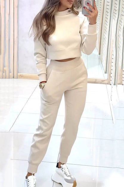 Color Loose Long Sleeve Crop Top and Elastic Waist Pocket Pants Set