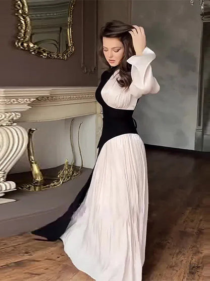 Contrast Patchwork ’s Long Dress Half High Collar Full Sleeve Waistband Vestidos New Female Commute