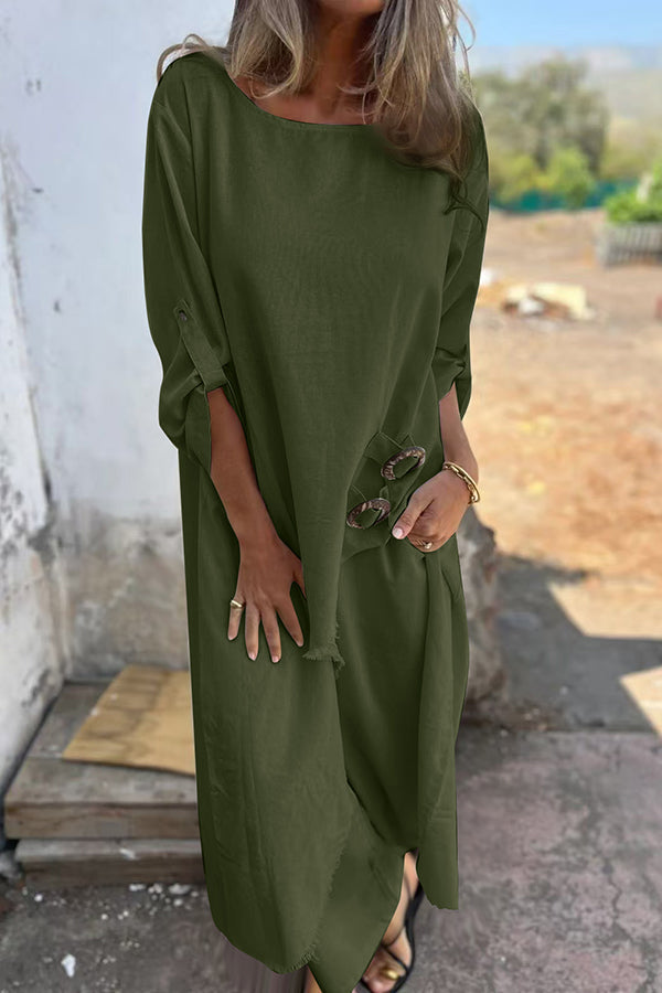 Jamilah Linen Blend Ring Detail Midi Blouse and Elastic Waist Pocketed Loose Pants Set