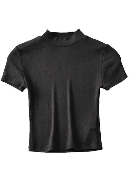 High Neck Fitted Short Sleeve T-shirt Rib Crop Rib Top