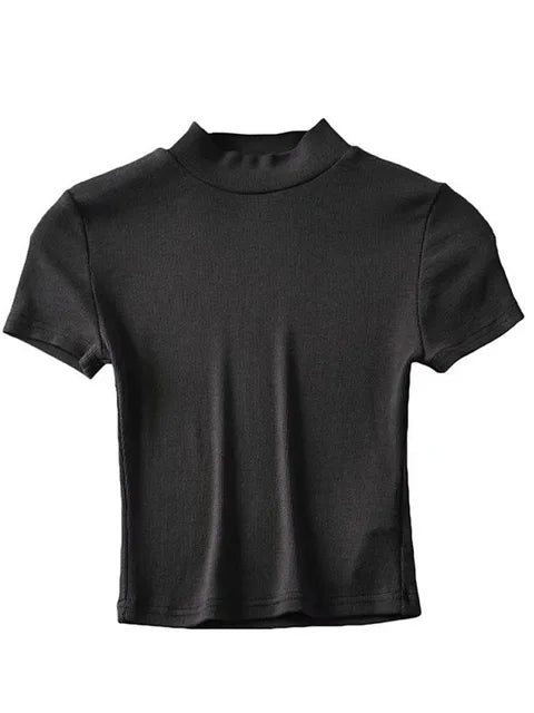 High Neck Fitted Short Sleeve T-shirt Rib Crop Rib Top