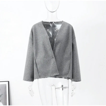 One Button Woolen Coat Gray Loose Long Sleeve V-neck Short Jacket Female Autumn Winter Lady New in Outwears