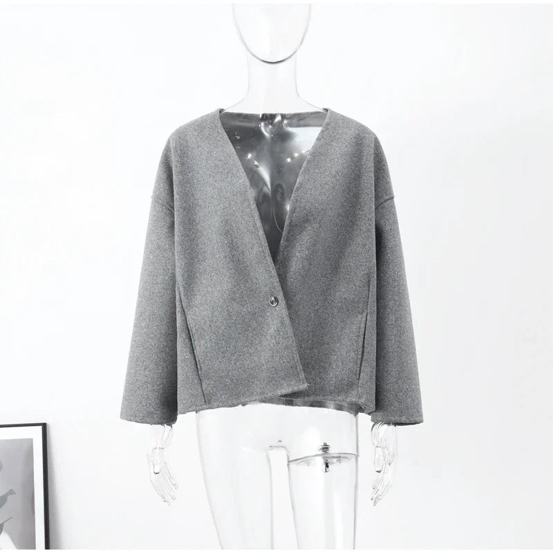 One Button Woolen Coat Gray Loose Long Sleeve V-neck Short Jacket Female Autumn Winter Lady New in Outwears