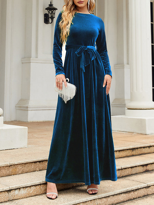 Long Sleeves Wrap Belted Pleated Color Zipper Round-neck Maxi Dresses