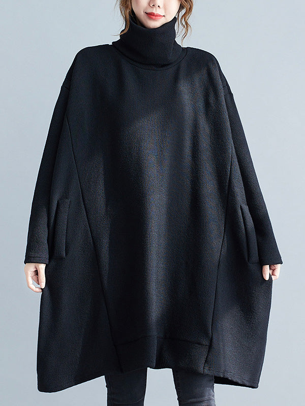 Loose Black Heaps Collar Pockets A-line Long Sleeve Sweater An1065